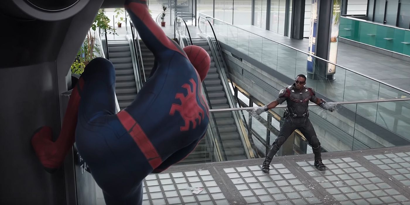 Spider-Man looking at Falcon who is webbed up in Captain America: Civil War.