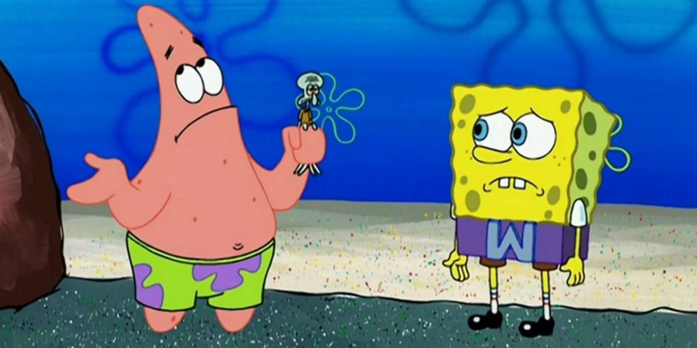Patrick-holding-tiny-Squidward-as-SpongeBob-wears-Mermaid-Man&rsquo;s-Belt