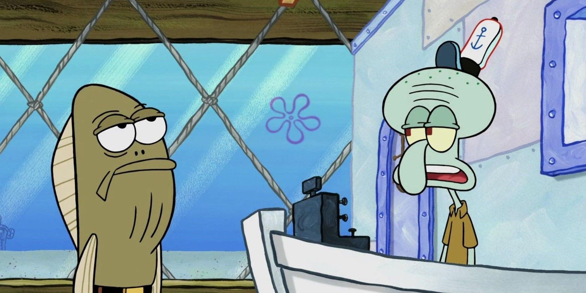 Squidward looking bored while talking to a client in SpongeBob SquarePants.