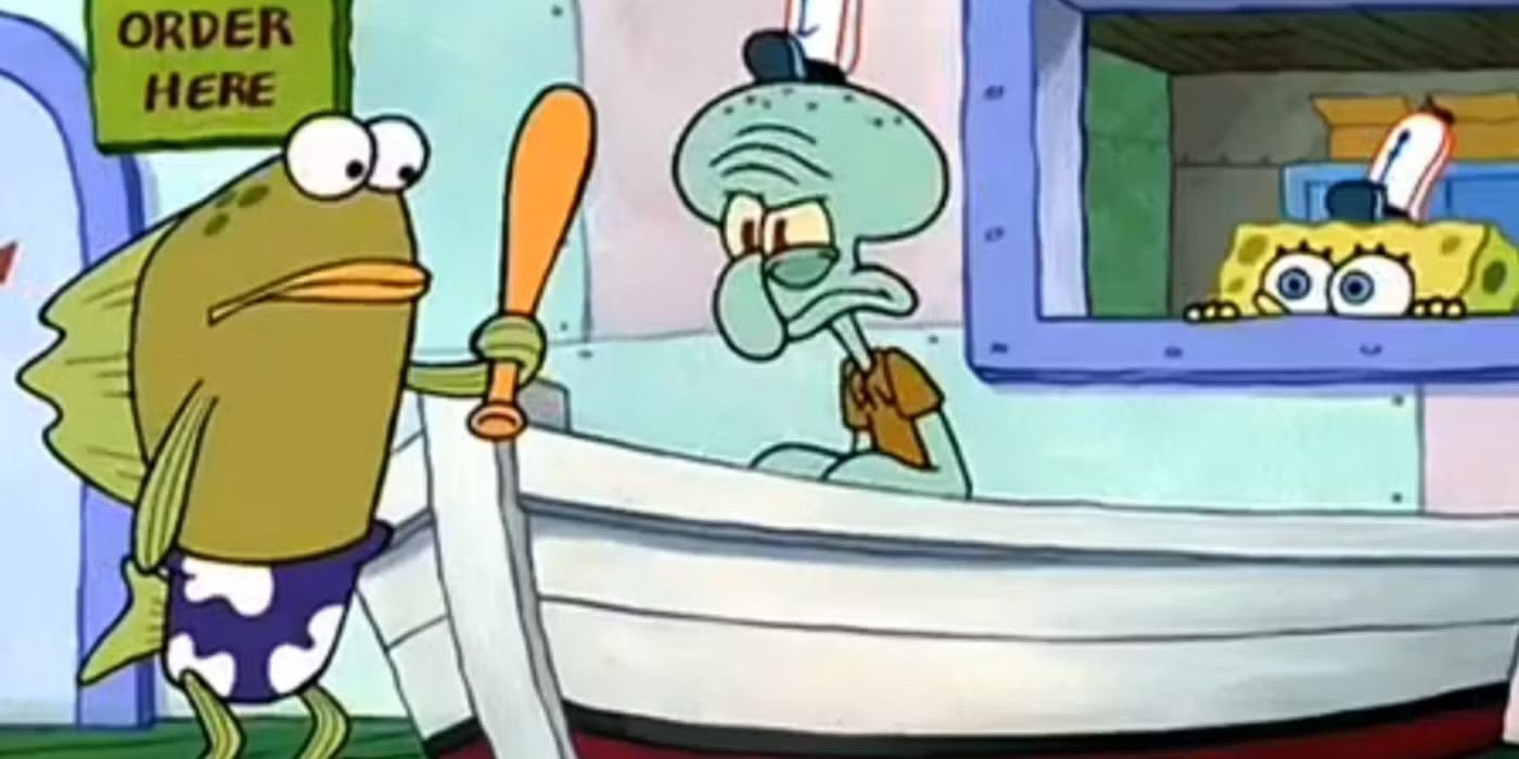 Krusty-Krab-customer-looks-at-baseball-bat-while-squidward-twitches-with-annoyance