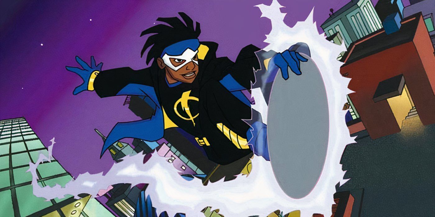 Static Shock surfing on a disc in a promo for Static Shock