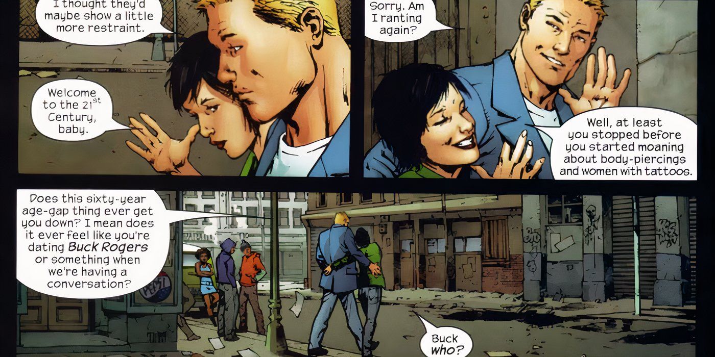 Steve Rogers and Janet Van Dyne walking and talking in the streets in Ultimate Marvel Comics