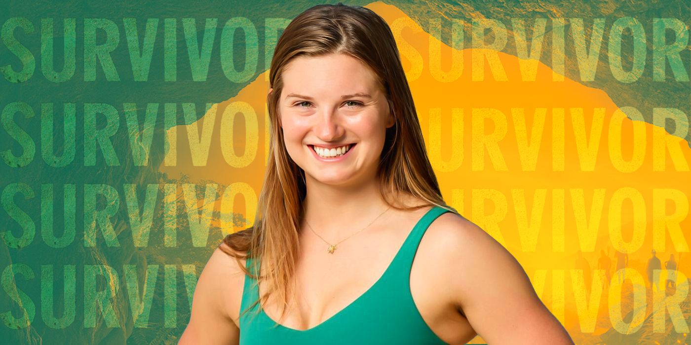 Eva Erickson smiling in front of the Survivor logo and beach