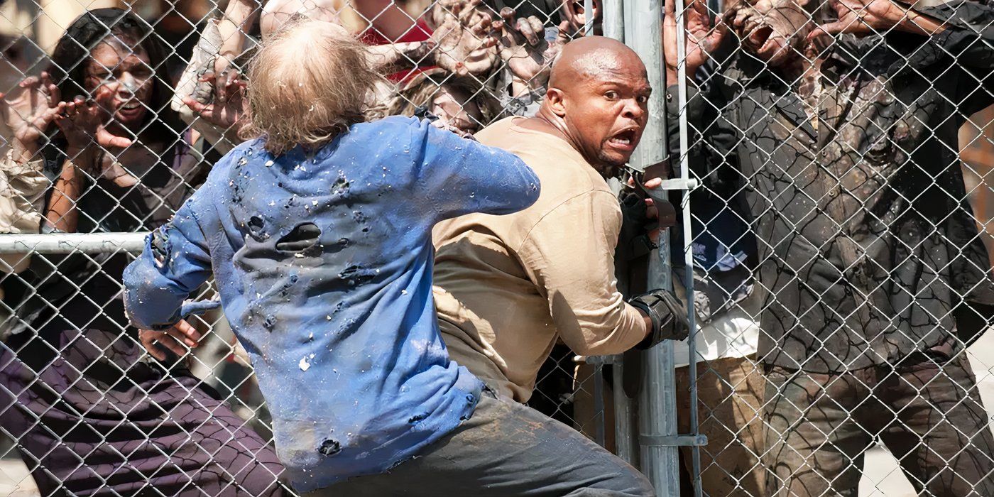 T-Dog in the series The Walking Dead being attacked by zombies.