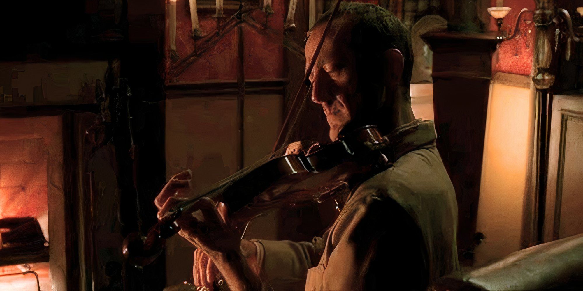 Ted Rooney playing the violin while sitting in front of a fire in CSI episode Who Shot Sherlock