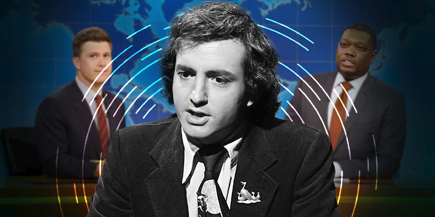 Lorne Michaels in black and white over an image of the modern Weekend Update in SNL