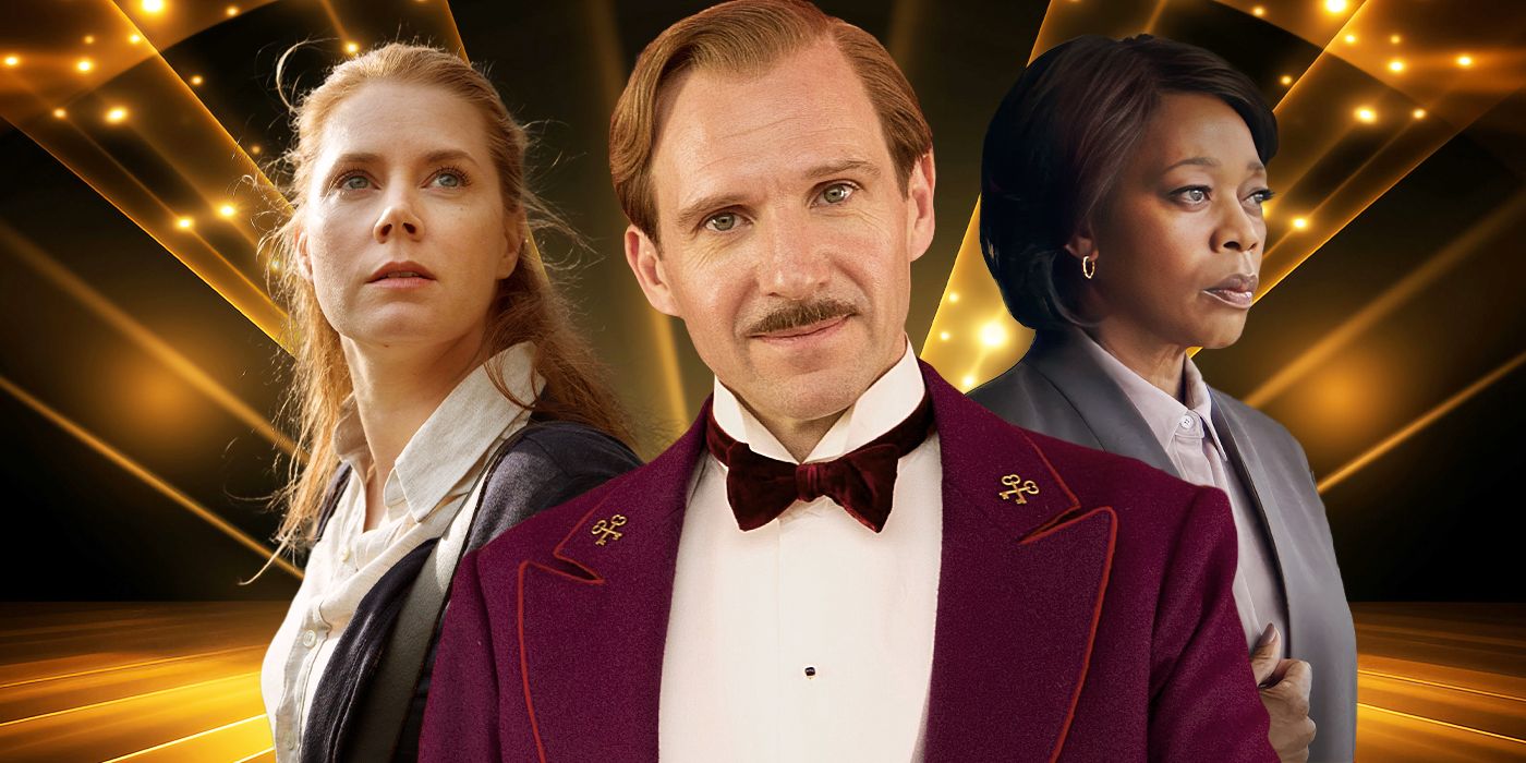 Blended image showing Amy Adams, Ralph Fiennes, and Alfre Woodard