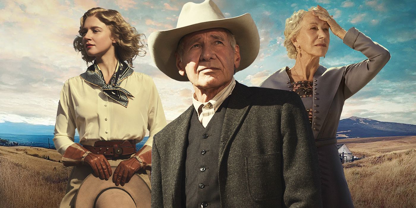 Julia Schlaepfer, Harrison Ford, and Helen Mirren behind the plans of the Dutton Ranch in '1923'