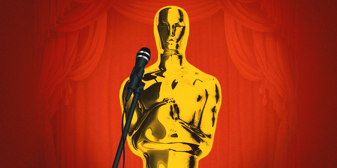 Blended image showing an Oscar satue with a microphone in front of it