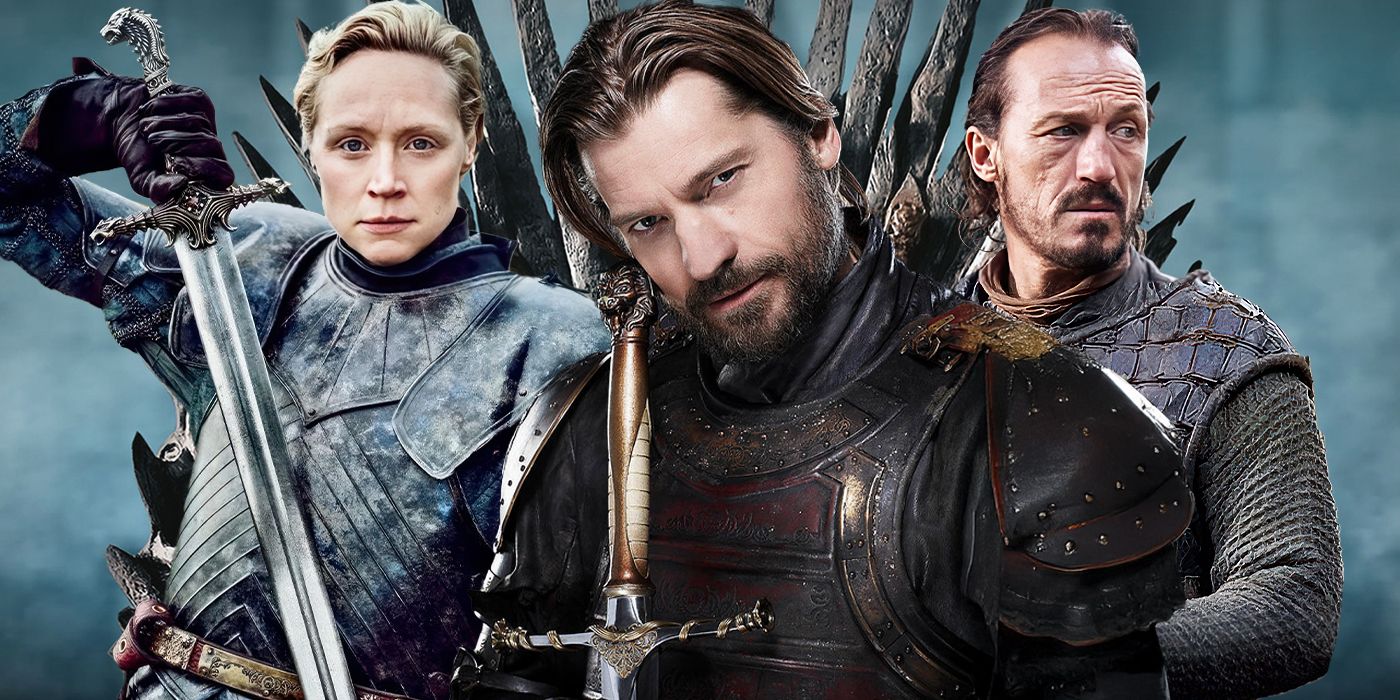 Blended image showing Brienne, Jaime, and Bronn with the Iron Throne in the background