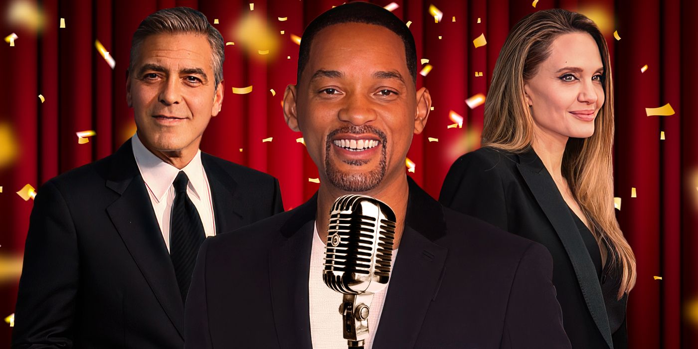 Blended image showing George Clooney, Will Smith, and Angelina Jolie in front of a microphone