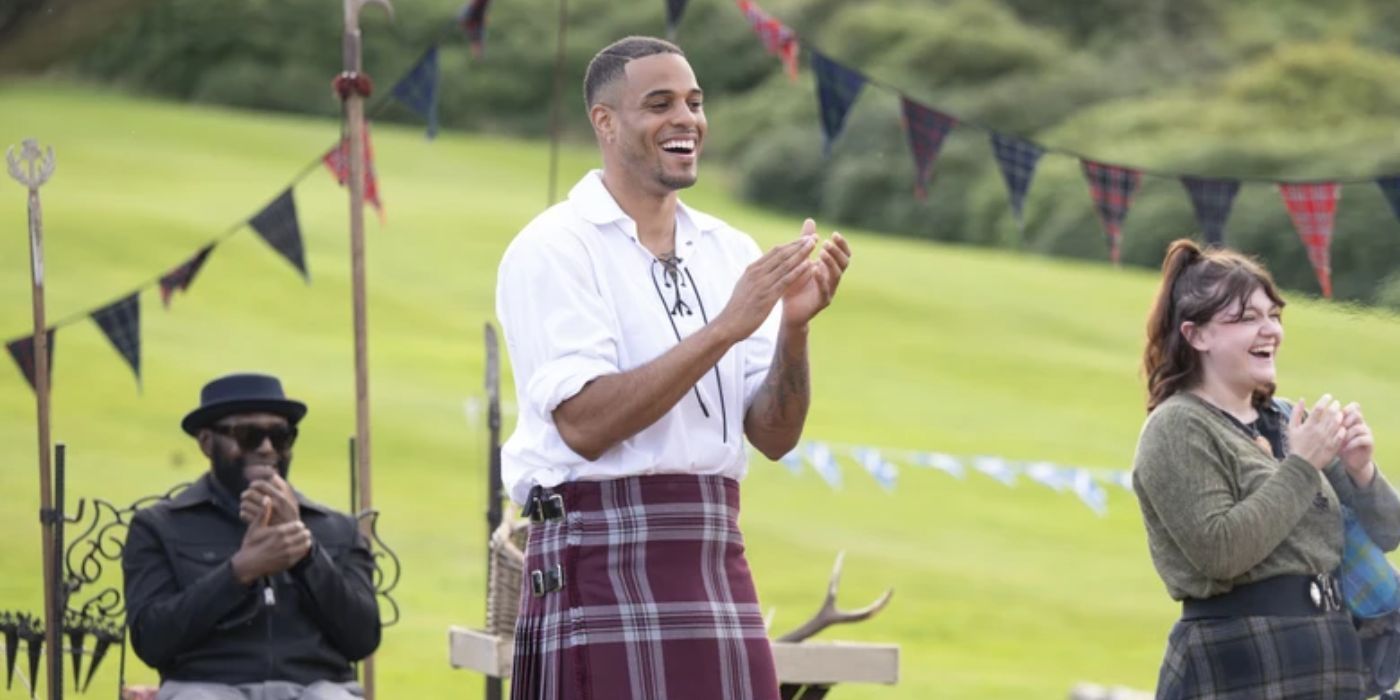 Grant Ellis wearing a kilt and clapping in &lsquo;The Bachelor&rsquo; Season 29.