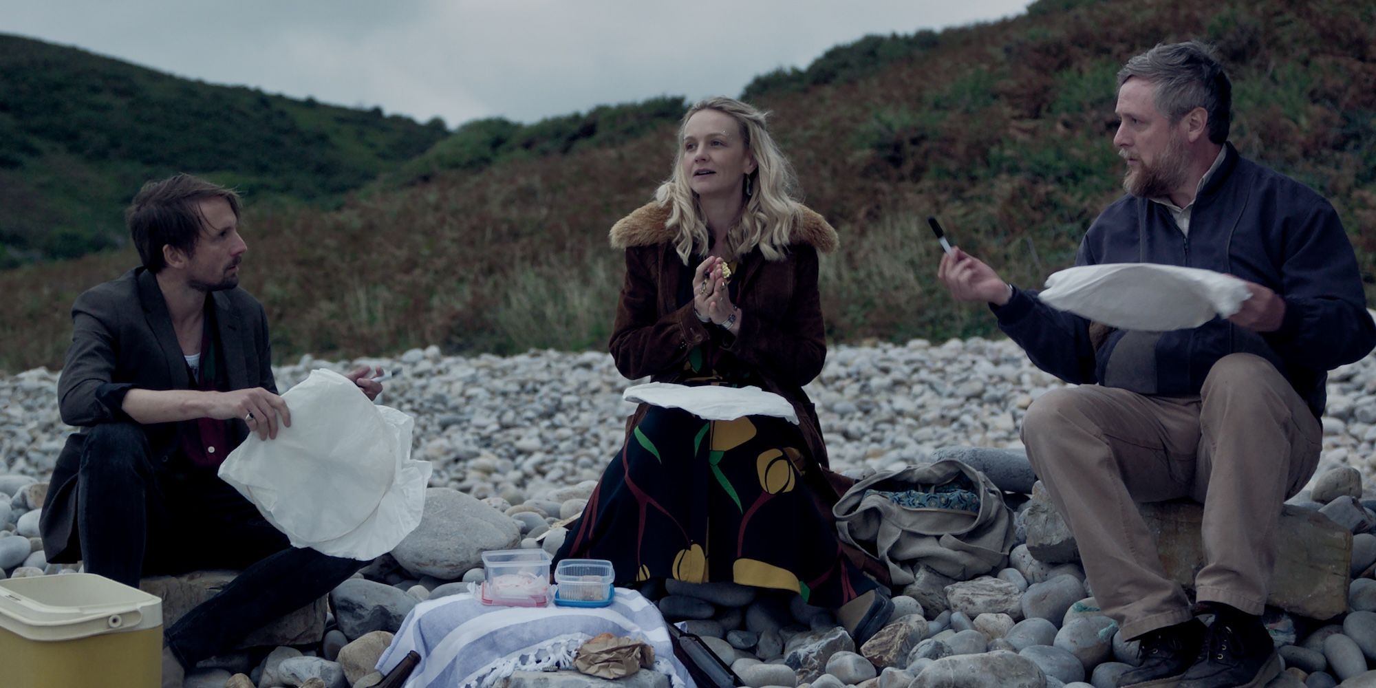 Tom Basden, Carey Mulligan, and Tim Key in The Ballad of Wallis Island