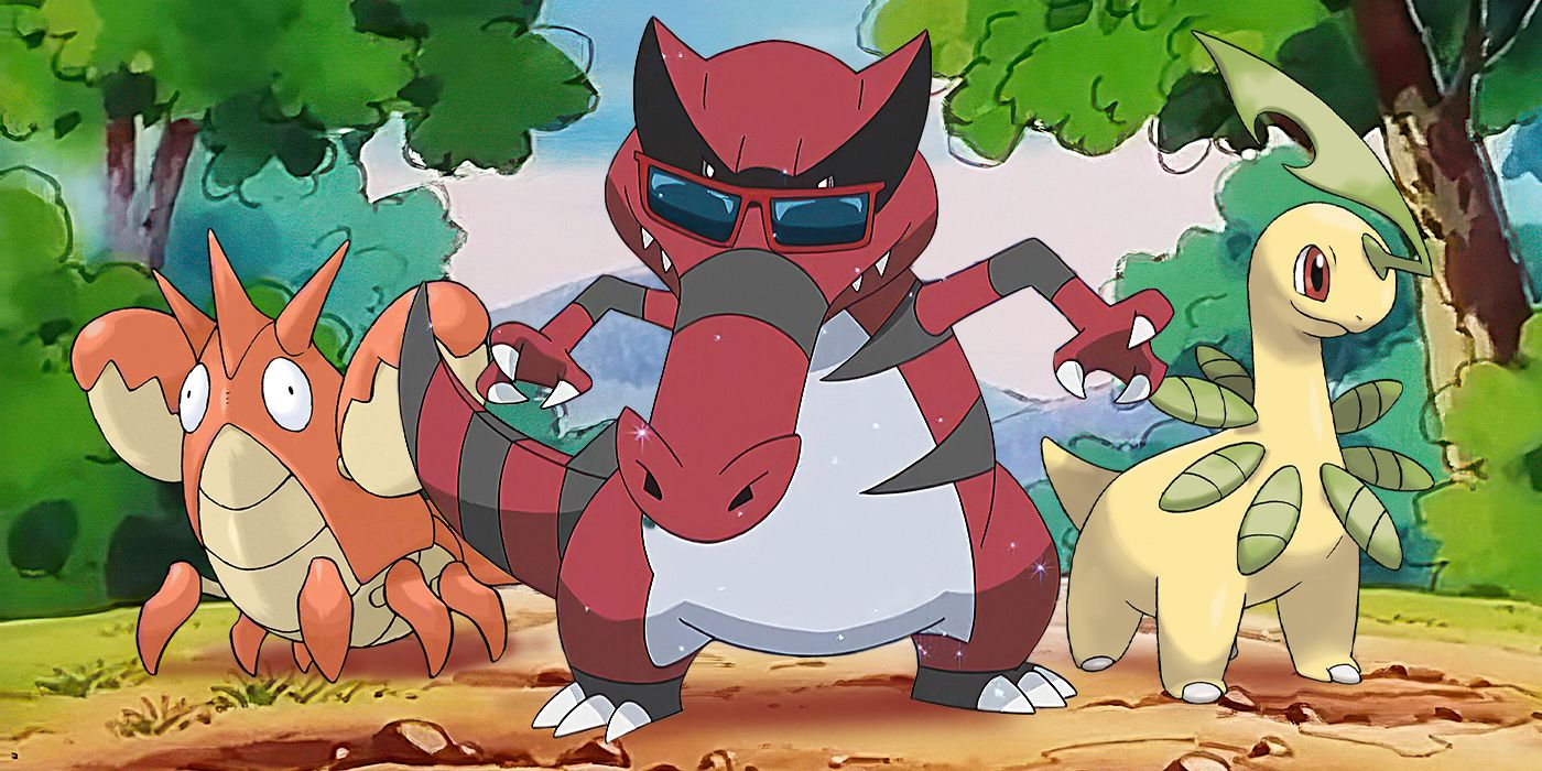 Blended image showing Corphish, Krokodile, and Bayleef