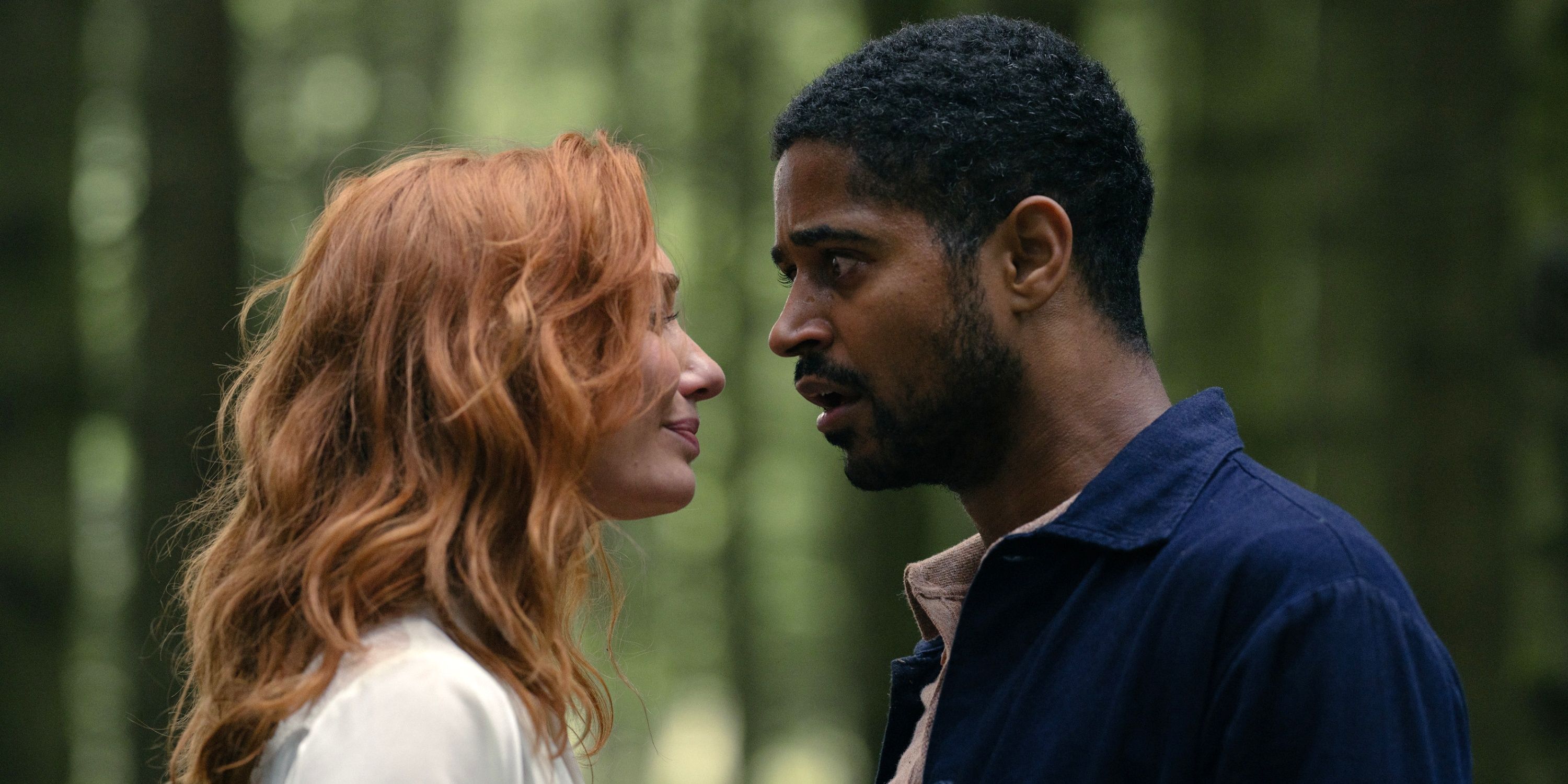 Eleanor Tomlinson as Evie in the woods with Alfred Enoch as Pete looking scared in The Couple Next Door