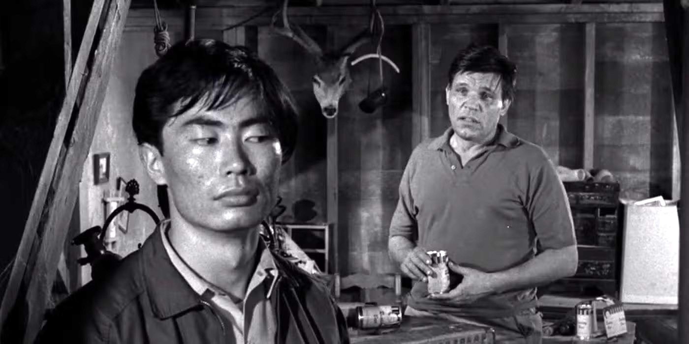 George Takei as Arthur and Neville Brand as Fenton having a tense conversation in The Twilight Zone.