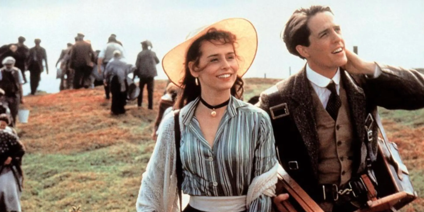 Tara Fitzgerald, Hugh Grant look to the distance in The Englishman Who Went Up a Hill But Came Down a Mountain