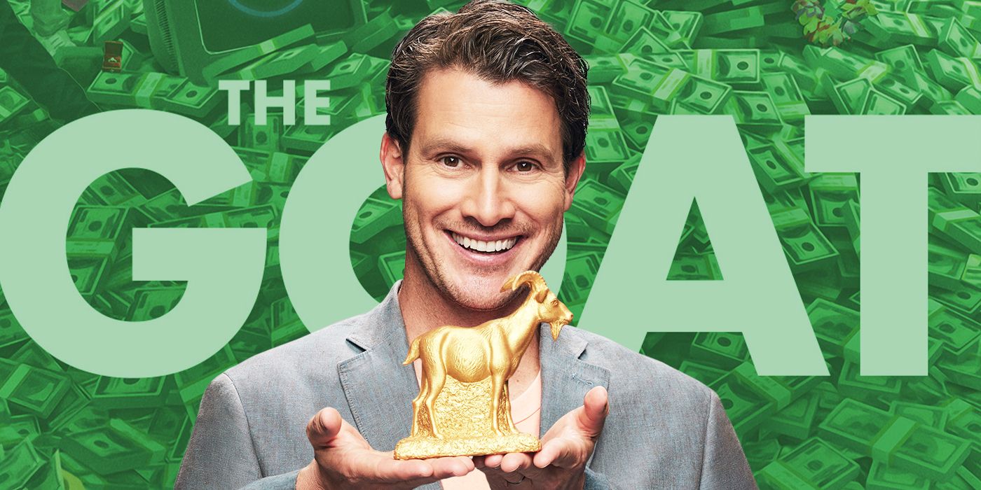 Daniel Tosh holding a small golden Goat statue for the series The Goat