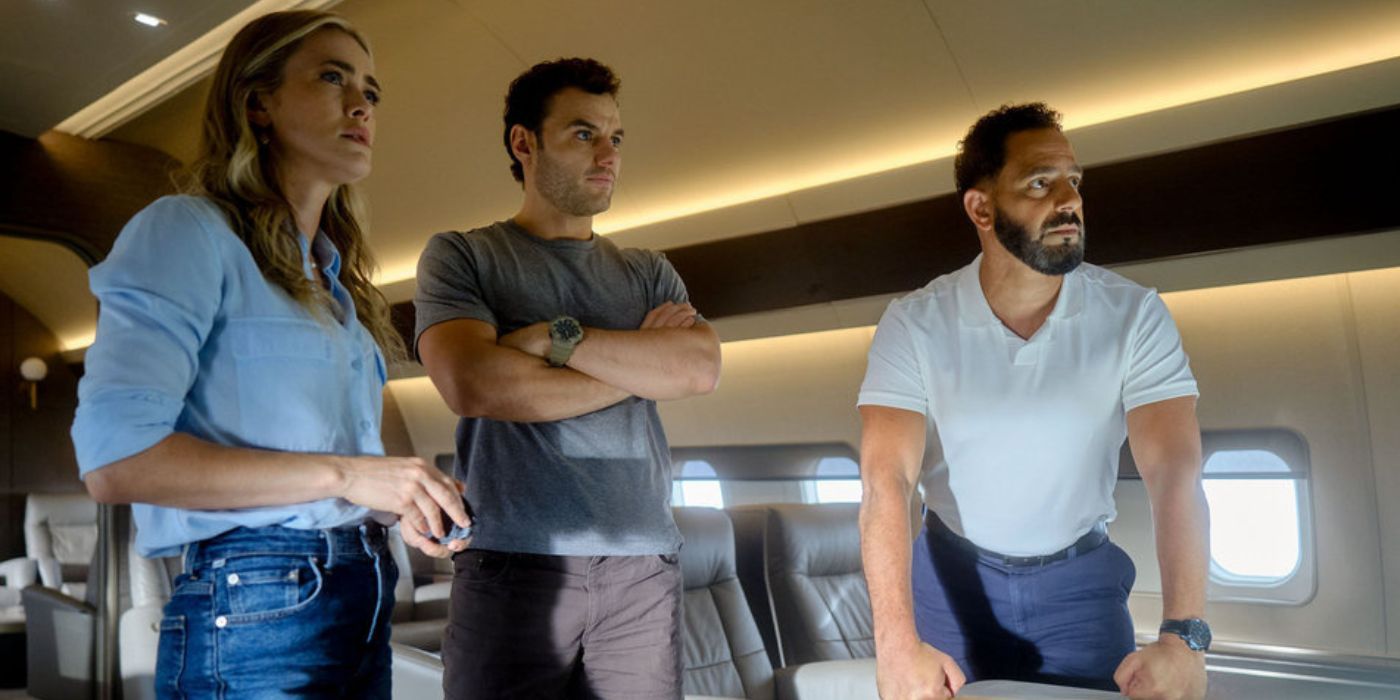 Melissa Roxburgh as Rebecca Henderson, Josh McKenzie as Shane Florence, and Patrick Sabongui as Jacob Hassani in &lsquo;The Hunting Party&rsquo;.