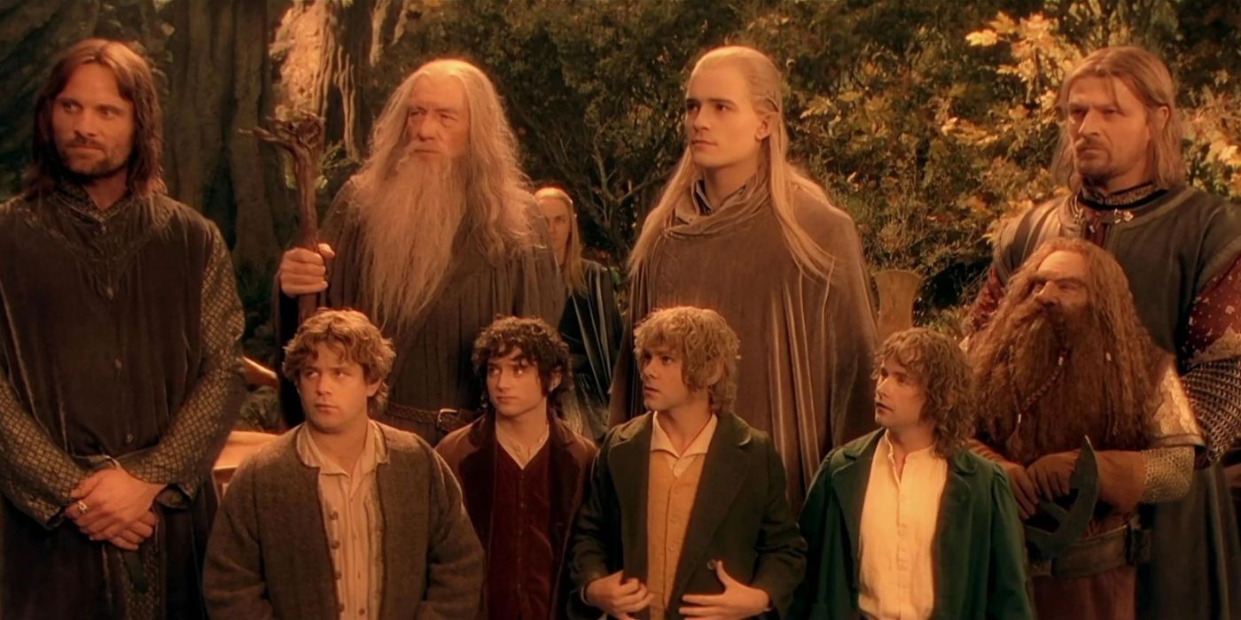 Aragorn, Gandalf, Legolas, Boromir, Samwise, Frodo, Gimli, Merry, and Pippin forming The Fellowship