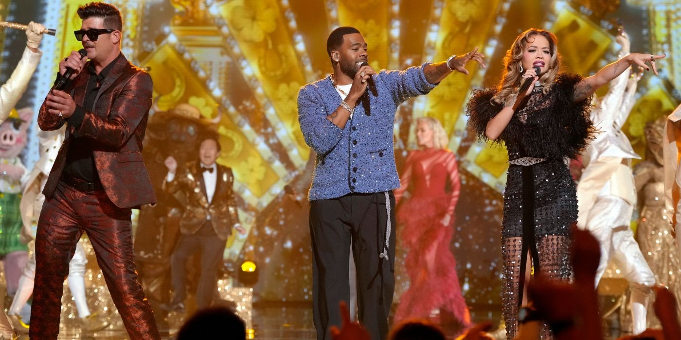 Robin Thicke, Mario, and Rita Ora perform &lsquo;Get Lucky&rsquo; on the premiere of &lsquo;The Masked Singer&rsquo; Season 13.