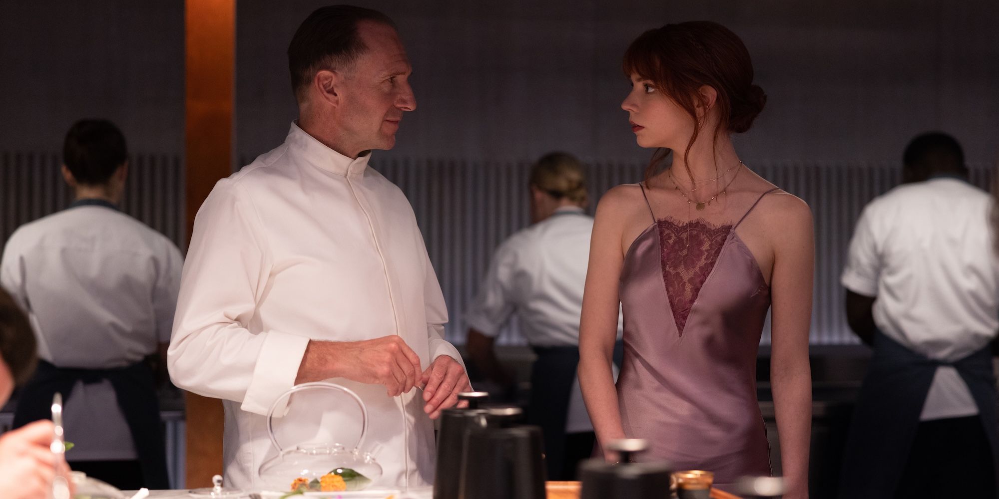 Ralph Fiennes as Chef Julian Slowik and Anya Taylor-Joy as Margot in The Menu