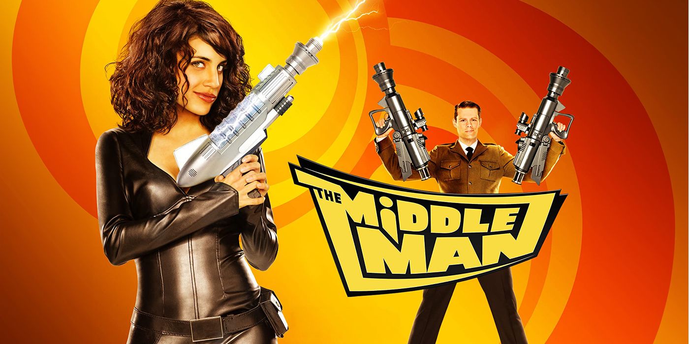 A poster for The Middleman with Natalie Morales and Matt Keeslar holding goofy-looking sci-fi guns.