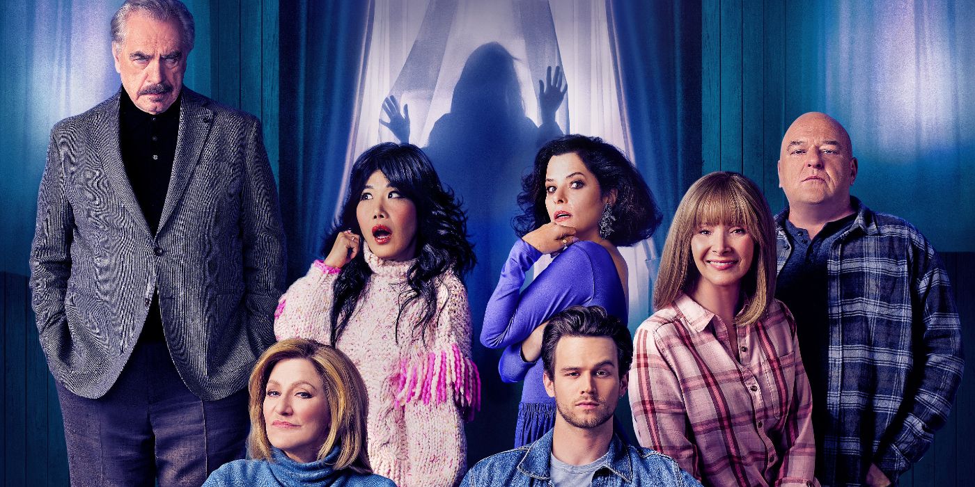 The cast of Max's The Parenting coupled together with a ghost silhoutte in the background