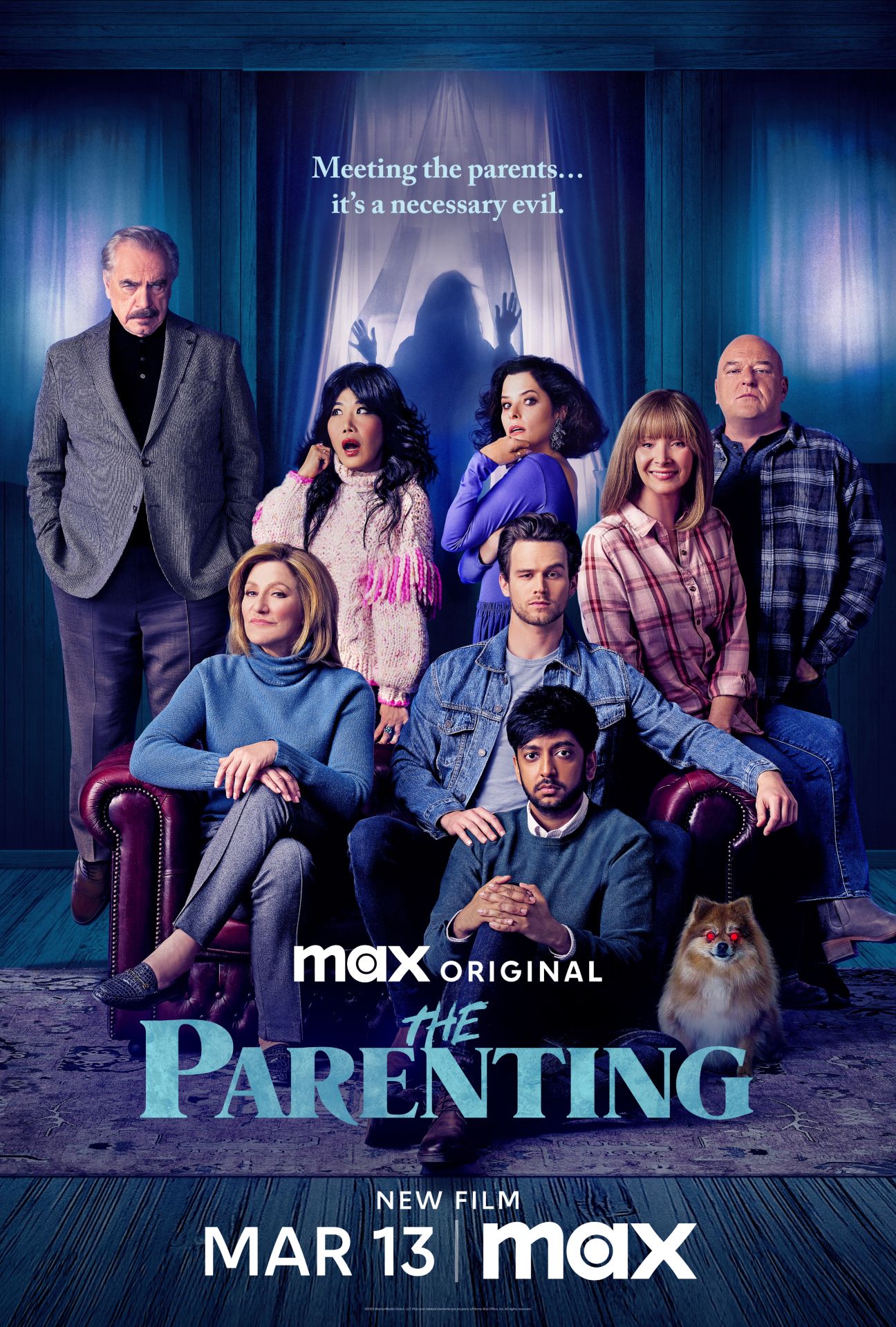 The official poster for The Parenting featuring the cast gathered around with the silhouette of a ghost in the background