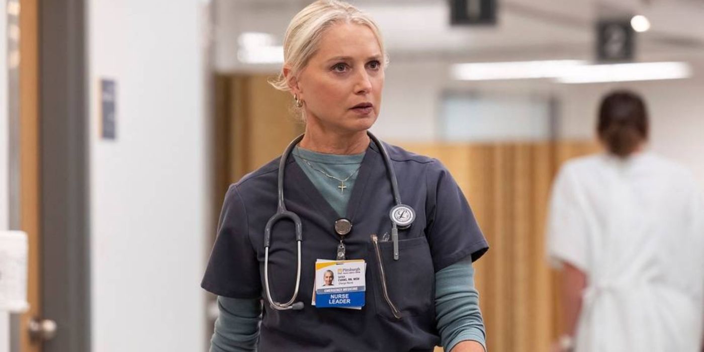 Nurse Dana Evans (Katherine LaNasa) in gray scrubs in 'The Pitt'