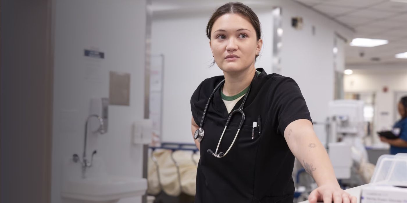 Dr. Trinity Santos (Isa Briones) stands in black scrubs with a stethoscope in &lsquo;The Pitt&rsquo;