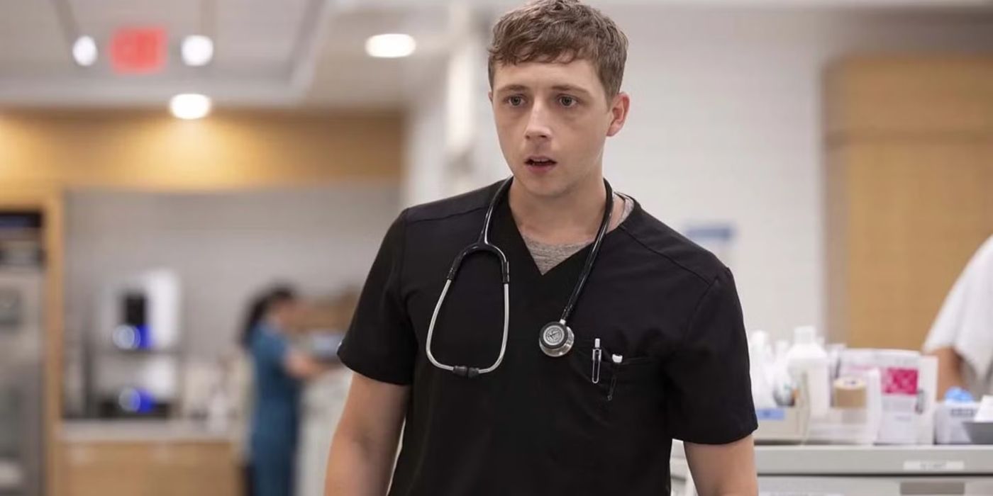 Dr. Whitaker (Gerran Howell) in black scrubs with a stethoscope in &lsquo;The Pitt&rsquo;