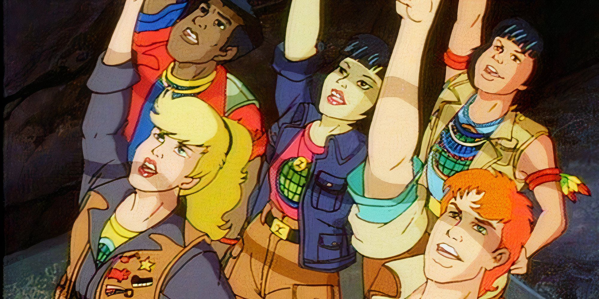 The Planeteers all raising their hands in the air in Captain Planet and the Planeteers (1990-1996)