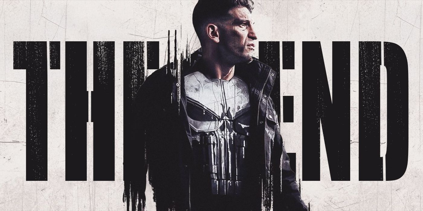 Jon Bernthal as The Punisher looking to the side in front of a large THE END for Season 2