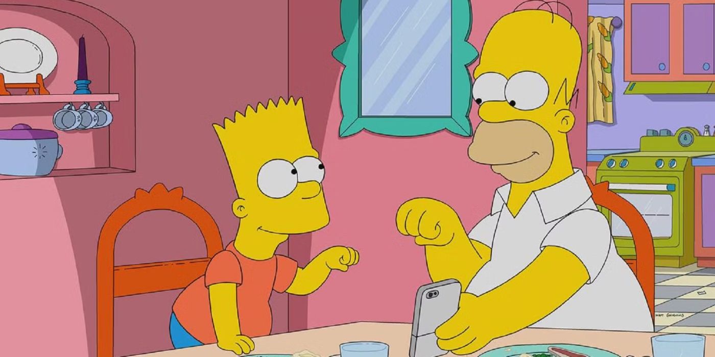 Bart Simpson (Nancy Cartwright) and Homer Simpson (Dan Castellaneta) giving each other a fist bump in The Simpsons