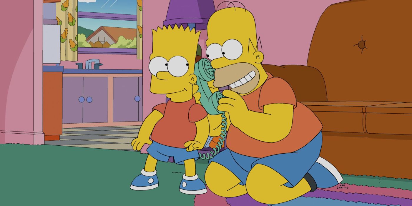 Bart Simpson (Nancy Cartwright) and Homer Simpson (Dan Castellaneta) wearing identical orange shirts and blue shorts in The Simpsons