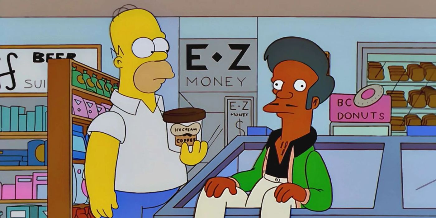 Homer Simpson (Dan Castellaneta) holding ice cream while Apu Nahasapeemapetilon (Hank Azaria) sits in a freezer in The Simpsons