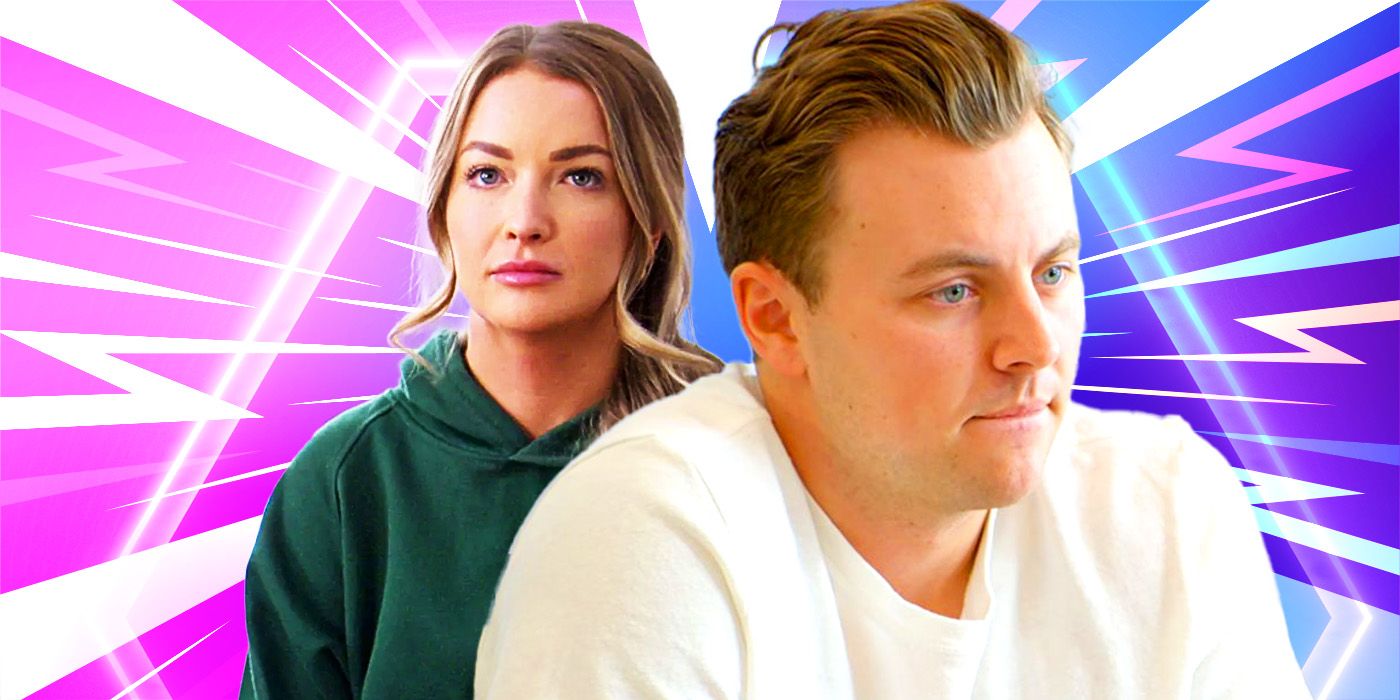 Taylor and Daniel from Love Is Blind Season 8 against a neon background