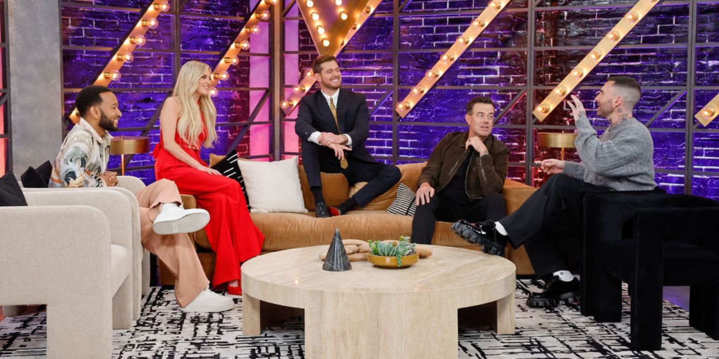 The coaches and Carson Daly in the greenroom on 'The Voice' Season 27.