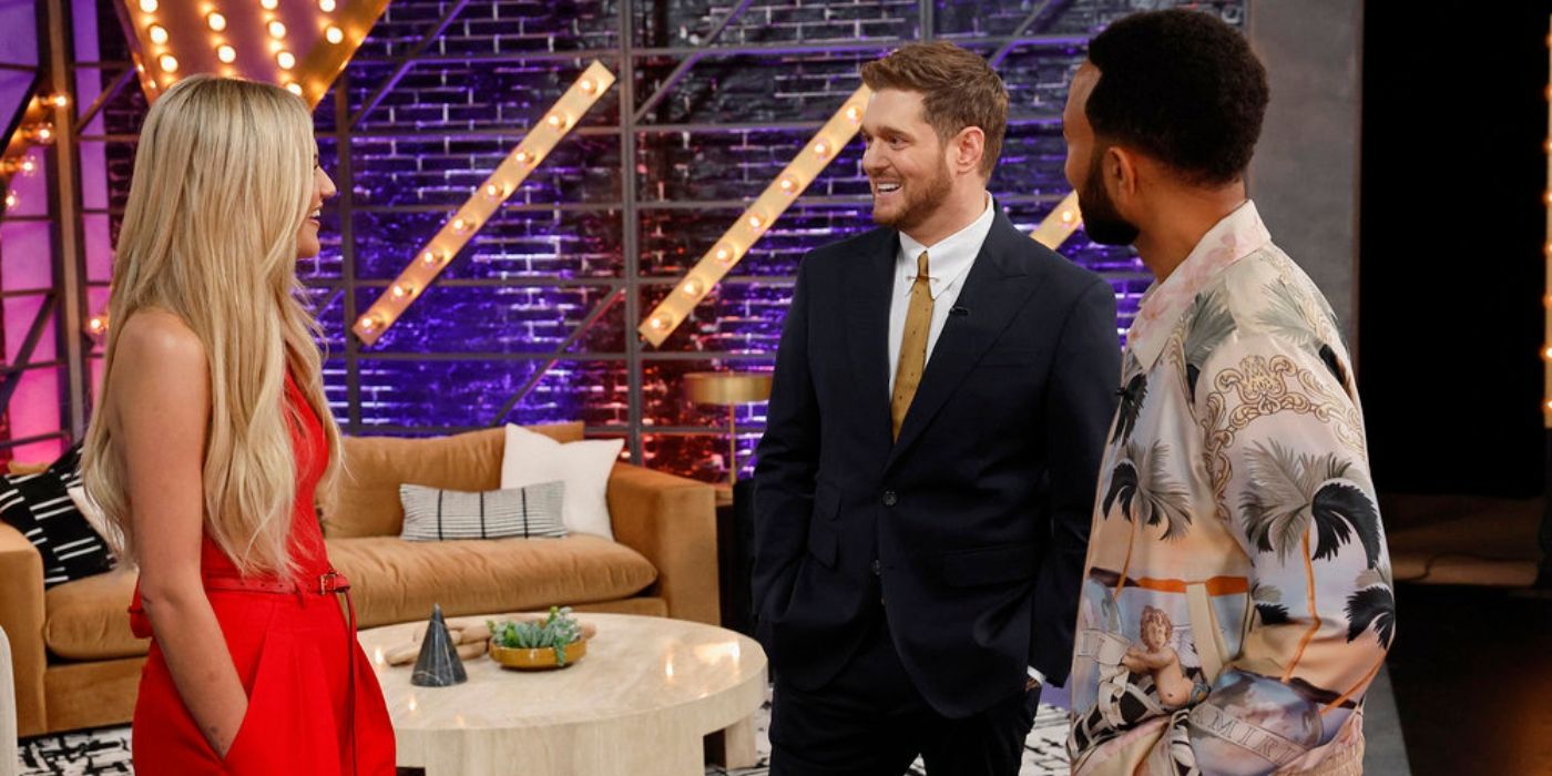 Kelsea Ballerini, Michael Bublé, and John Legend in the greenroom on 'The Voice' Season 27.