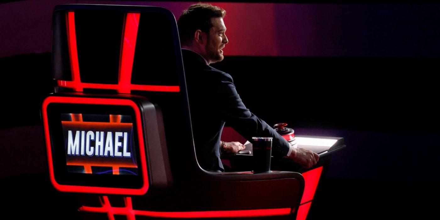 A view from behind Michael Bublé's chair on 'The Voice' Season 27.