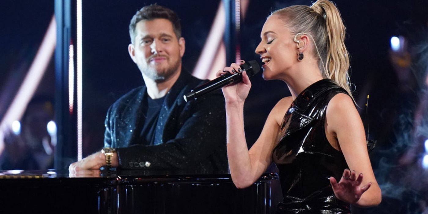 Kelsea Ballerini and Michael Bublé perform on the premiere of 'The Voice' Season 27.