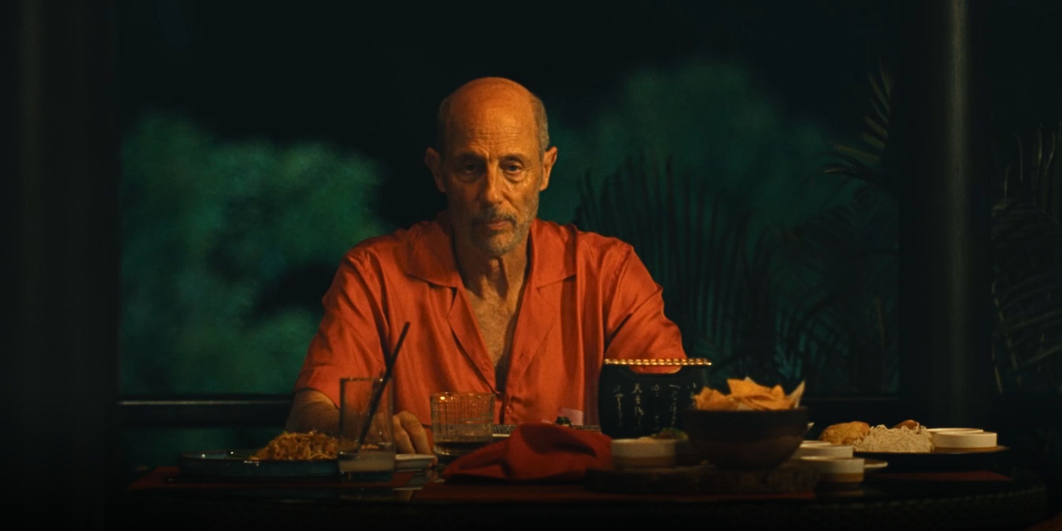 Jon Gries as Greg eating dinner in a surprise return in The White Lotus Season 3 Episode 1.
