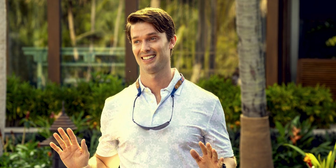 Patrick Schwarzenegger with placating hands and entitled grin  in The White Lotus Season 3 Episode 1.