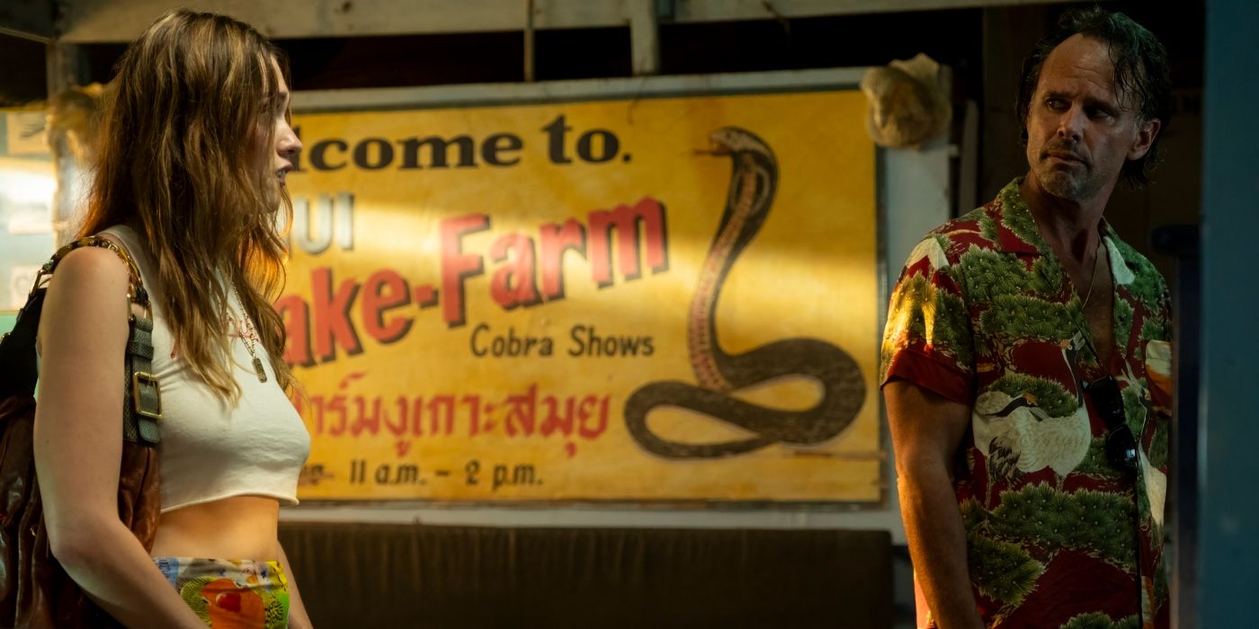 Walton Goggins as Rick and Aimee Lous Wood as Chelsea at snake show in The White Lotus Season 3, Episode 3. 