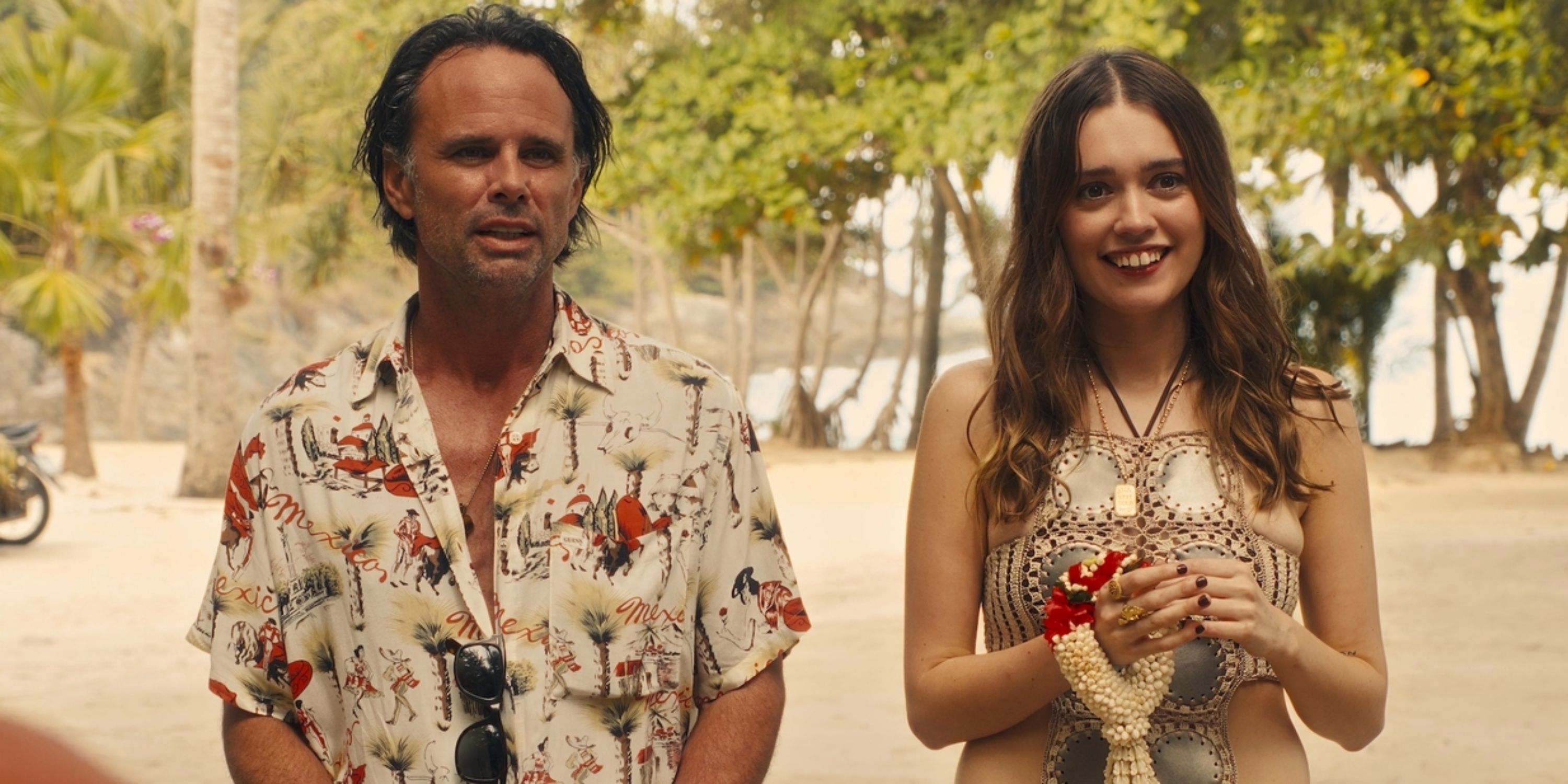 Walton Goggins as Rick standing outdoors next to Aimee Lou Wood as Chelsea in The White Lotus Season 3