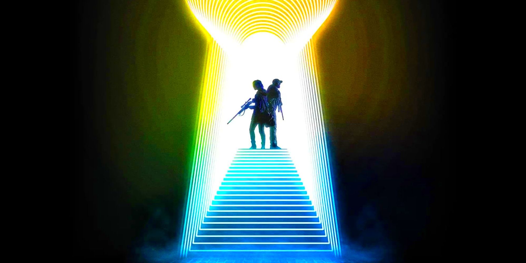 Two figures standing back to back holding guns while standing on an illuminated keyhole-shaped stairwell.