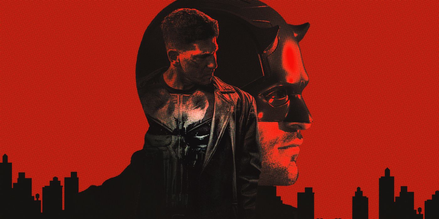 Charlie Cox as Daredevil from the side with Jon Bernthal as Frank Castle standing in front of him against a red background.