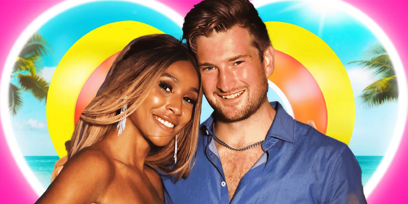 Taylor and Bergie from Love Island USA smiling against a Love Island background