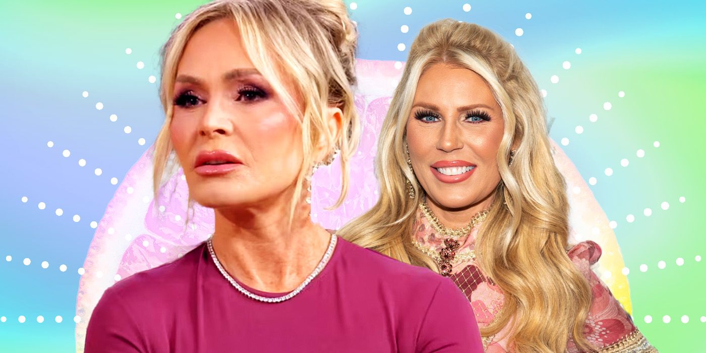 Two Real Housewives in front of a multicolored background